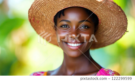 Smiling Black Woman in Martinique Wearing Straw Hat Smiling Black Woman in Martinique Wearing Straw Hat 122299599