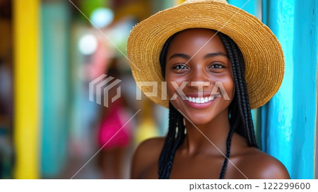 Beautiful Caribbean Woman Smiling in Straw Hat 122299600