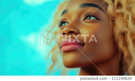 Radiant Woman Smiling Under Blue Sky 122299626