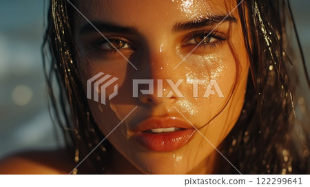 Brazilian Brunette Enjoying Skincare by the Beach Brazilian Brunette Enjoying Skincare by the Beach 122299641