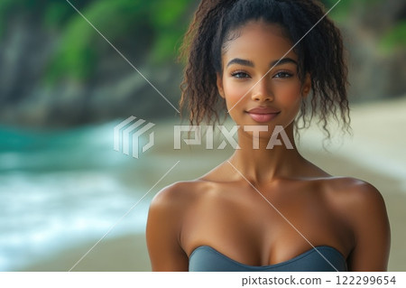 Stunning African American woman beach photoshoot Stunning African American woman beach photoshoot 122299654