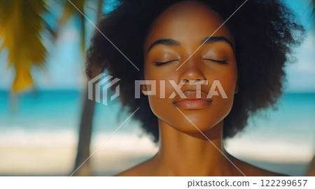 Tranquil Yoga Practice on an Empty Beach with Palm Trees 122299657