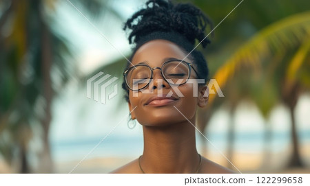 Peaceful Beach Yoga Session Amid Swaying Palm Trees Peaceful Beach Yoga Session Amid Swaying Palm Trees 122299658