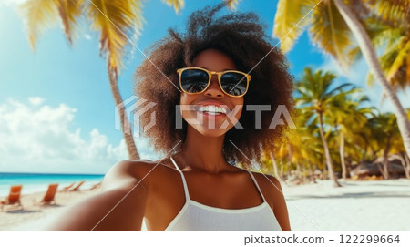 Gorgeous Black Woman Taking Selfie on Tropical Beach 122299664