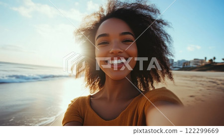 Beautiful Beachfront Selfie of Black Woman 122299669
