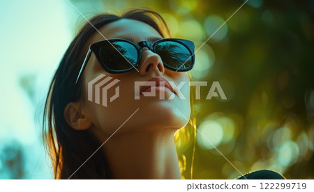 Beautiful Woman in Black Sunglasses Outdoors Beautiful Woman in Black Sunglasses Outdoors 122299719
