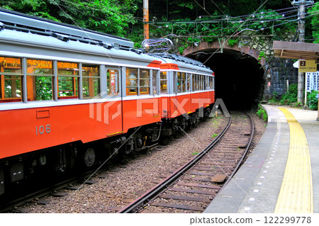 關東/箱根登山電車/繡球花列車通過塔之澤站月台的照片/神奈川縣箱根町 (3) 122299778