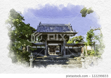 Watercolor painting of Saya no Nakayama, Kuenji Temple, Sanmon Gate, Kakegawa City, Shizuoka Prefecture 122299833
