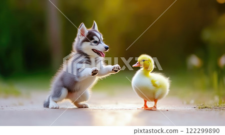 Siberian Husky and Duckling Sharing a Fun Moment Outdoors Siberian Husky and Duckling Sharing a Fun Moment Outdoors 122299890