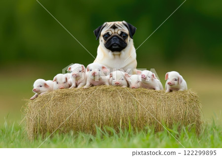 Cute Pug Surrounded by Curious Piglets in a Barnyard 122299895