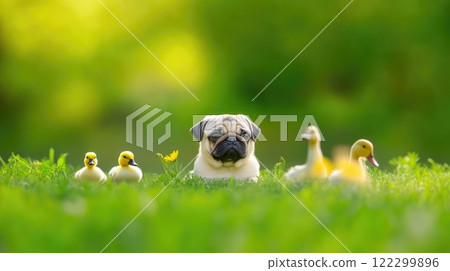 Pug Relaxing Among Ducks in a Peaceful Field 122299896