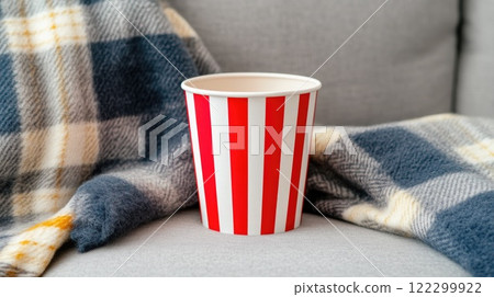 Cozy couch ready for a holiday film night with Christmas decor Cozy couch ready for a holiday film night with Christmas decor 122299922