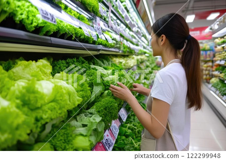 Person selecting healthy lettuce from the vegetable aisle Person selecting healthy lettuce from the vegetable aisle 122299948