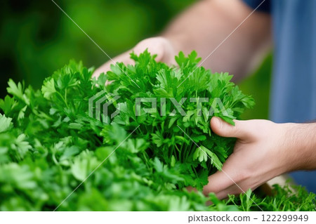 Shopper hand picking fresh, vibrant lettuce leaves in the market Shopper hand picking fresh, vibrant lettuce leaves in the market 122299949
