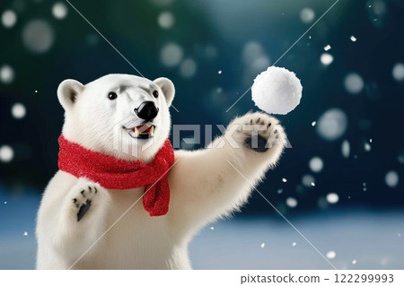 Polar Bear Joyfully Tossing a Snowball in Winter 122299993