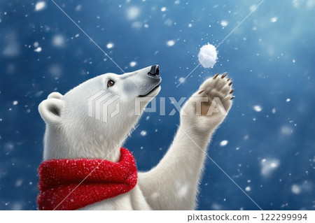 Adorable Polar Bear Wearing Red Scarf in Action Adorable Polar Bear Wearing Red Scarf in Action 122299994