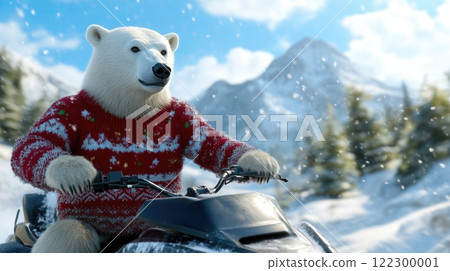 Festive Polar Bear Riding Snowmobile in Snowy Landscape 122300001