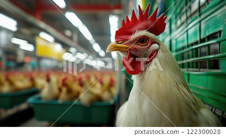 Farm Chicken in a Commercial Cage System under Bright Lights Farm Chicken in a Commercial Cage System under Bright Lights 122300028