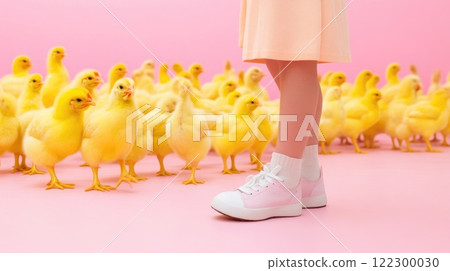 Chicken in a Bright Indoor Cage with Fluorescent Lighting Chicken in a Bright Indoor Cage with Fluorescent Lighting 122300030