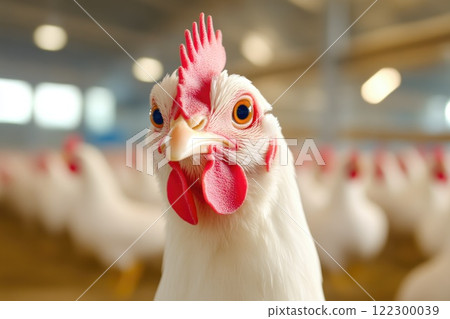 Chicken in an indoor pen with visible flock in the background Chicken in an indoor pen with visible flock in the background 122300039
