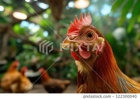 Detailed view of a chicken's feathers and beak in a barn 122300040