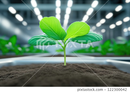 Close-up of hydroponic plant sprout under glowing lights 122300042