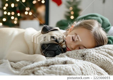 Warm Holiday Moments with Pug and Child 122300055