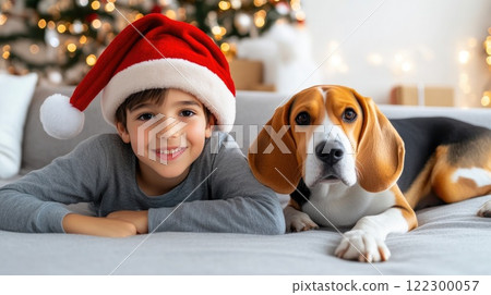 Child and Beagle Snuggling on a Christmas Evening 122300057
