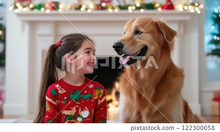 Joyful Christmas Moment with Child and Golden Retriever 122300058
