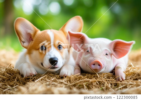 Corgi and Piglet Having Fun in the Barnyard Corgi and Piglet Having Fun in the Barnyard 122300085