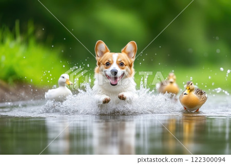 Corgi Playfully Chasing Ducks in a Pond Corgi Playfully Chasing Ducks in a Pond 122300094