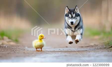 Siberian Husky Jumping with Joy, Duckling Circling Playfully Siberian Husky Jumping with Joy, Duckling Circling Playfully 122300099