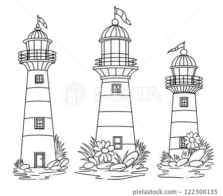 Coloring book for adults, set of lighthouses. cute vector illustration, line drawing Coloring book for adults, set of lighthouses. cute vector illustration, line drawing 122300135