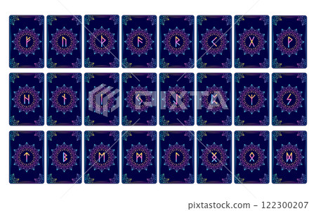 Collection of tarot cards with runes.  122300207