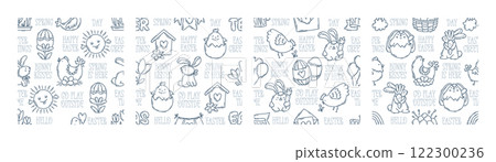Easter hand drawn engraving doodle and lettering seamless pattern Easter hand drawn engraving doodle and lettering seamless pattern 122300236