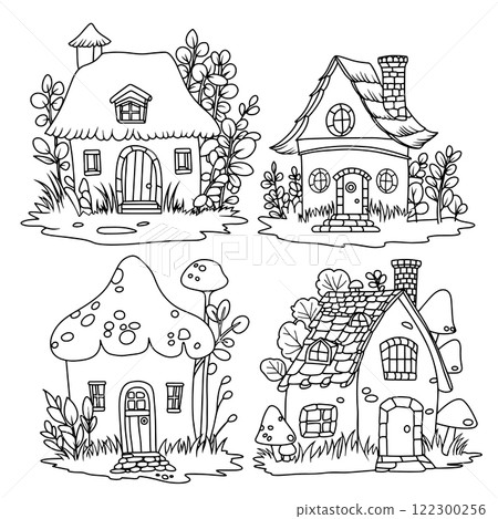 coloring book for adults. set of cute forest houses. vector illustration in doodle style, line drawing 122300256