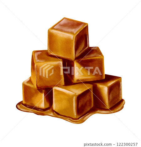 Caramel cut into cubes. A pile of soft caramel nougat. Sweet dessert. Watercolor illustration. Isolated from the background. Nougat or chocolate. Sweet square candies. Caramel cut into cubes. A pile of soft caramel nougat. Sweet dessert. Watercolor illustration. Isolated from the background. Nougat or chocolate. Sweet square candies. 122300257