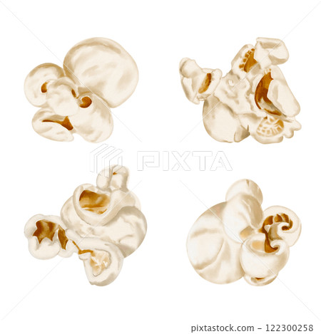 popcorn in a set, different types of snacks. Watercolor illustration without background. Close-up image of popcorn, realistic style. Food for holidays and children's parties. Movie party with snacks. 122300258