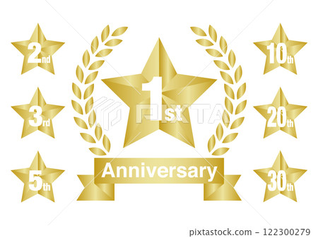 帶有月桂葉和絲帶裝飾的周年紀念星圖標(金色) 帶有月桂葉和絲帶裝飾的周年紀念星圖標(金色) 122300279