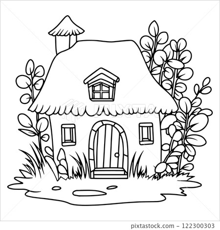 coloring book for adults. cute forest house. vector illustration in doodle style, line drawing coloring book for adults. cute forest house. vector illustration in doodle style, line drawing 122300303