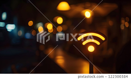 Glowing WiFi Sign at Night with Blurred City Lights Glowing WiFi Sign at Night with Blurred City Lights 122300384
