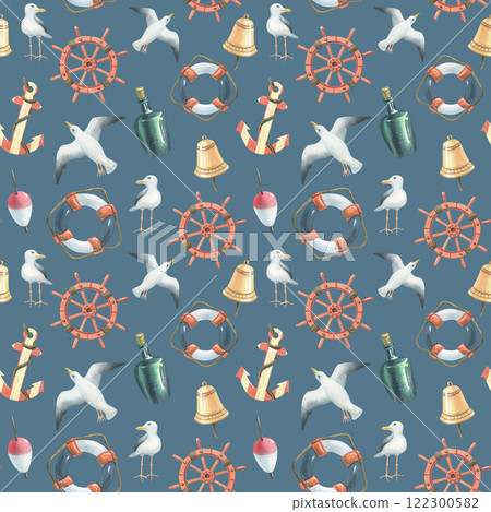 Watercolor illustration with anchor, seagulls, steering wheel, lifebuoy, rynda, bottle, float. Seamless pattern on the theme of sea fishing. For decoration and design of, fabrics, textiles, wallpaper 122300582