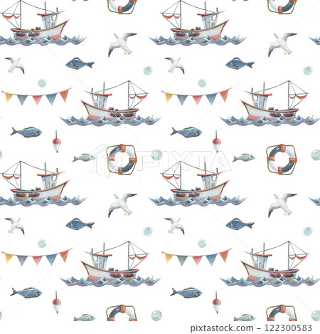 Watercolor illustration on the theme of sea fishing with a seamless pattern. Boat, lighthouse, fishing lodge, seagulls, flags, barrel, steering wheel, anchor, lifebuoy. For fabric, print, wallpaper. Watercolor illustration on the theme of sea fishing with a seamless pattern. Boat, lighthouse, fishing lodge, seagulls, flags, barrel, steering wheel, anchor, lifebuoy. For fabric, print, wallpaper. 122300583