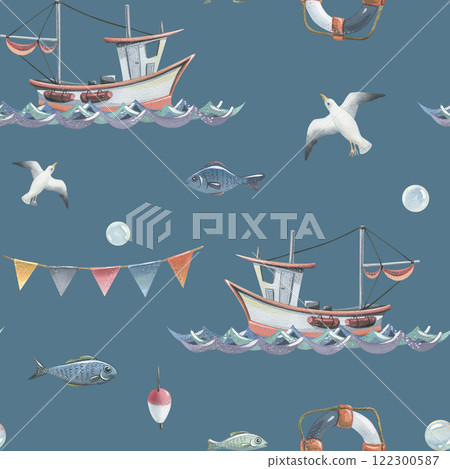Watercolor illustration on the theme of sea fishing with a seamless pattern. Boat, lighthouse, fishing lodge, seagulls, flags, barrel, steering wheel, anchor, lifebuoy. For fabric, print, wallpaper. Watercolor illustration on the theme of sea fishing with a seamless pattern. Boat, lighthouse, fishing lodge, seagulls, flags, barrel, steering wheel, anchor, lifebuoy. For fabric, print, wallpaper. 122300587