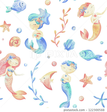 Mermaids is a little girls and boys with fish, seashell, corals, algae, starfish. Watercolor illustration hand drawn pastel colors coral and blue. Seamless pattern on a white background. 122300588