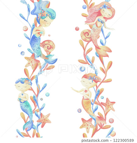 Mermaids is a little girls and boys with fish, seashell, corals, algae, starfish. Watercolor illustration hand drawn pastel colors coral and blue. Seamless board isolated from background Mermaids is a little girls and boys with fish, seashell, corals, algae, starfish. Watercolor illustration hand drawn pastel colors coral and blue. Seamless board isolated from background 122300589