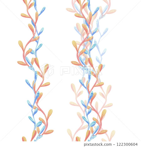Seaweed, coral, ocean underwater coral reef animals. Watercolor illustration, hand drawn in pastel colors: pink, peach, coral, turquoise, blue. Seamless board isolated from background Seaweed, coral, ocean underwater coral reef animals. Watercolor illustration, hand drawn in pastel colors: pink, peach, coral, turquoise, blue. Seamless board isolated from background 122300604
