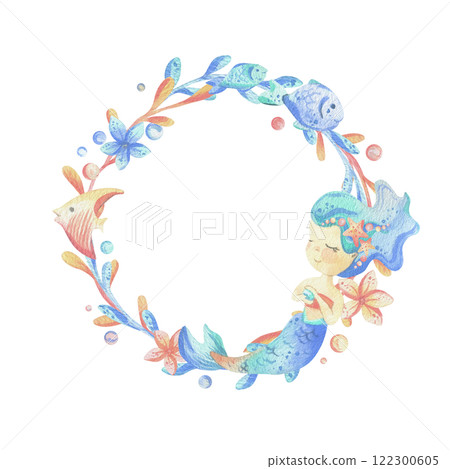 Mermaid is a little girl with long hair and a tail, fish, flowers. Watercolor illustration hand drawn with pastel colors turquoise, blue, mint, coral. Round frame wreath isolated from background. Mermaid is a little girl with long hair and a tail, fish, flowers. Watercolor illustration hand drawn with pastel colors turquoise, blue, mint, coral. Round frame wreath isolated from background. 122300605