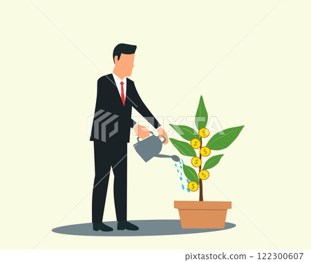Businessman watering a potted money tree, symbolizing investment growth, financial nurturing, and wealth creation. Flat vector illustration on a light background 122300607