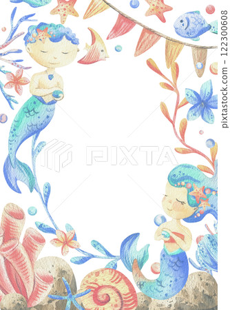Mermaid little boy and girl with sea corals, algae, shells, starfish, fish, bubbles. Watercolor illustration hand drawn in coral, turquoise and blue colors. rectangular vertical frame template 122300608